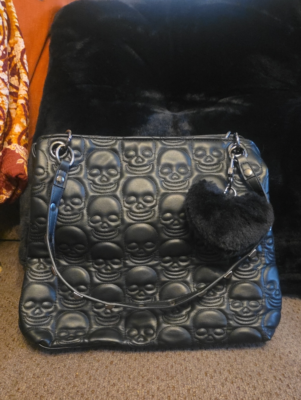Betsey Johnson Black Skull-Embossed Shoulder Bag with Heart Charm